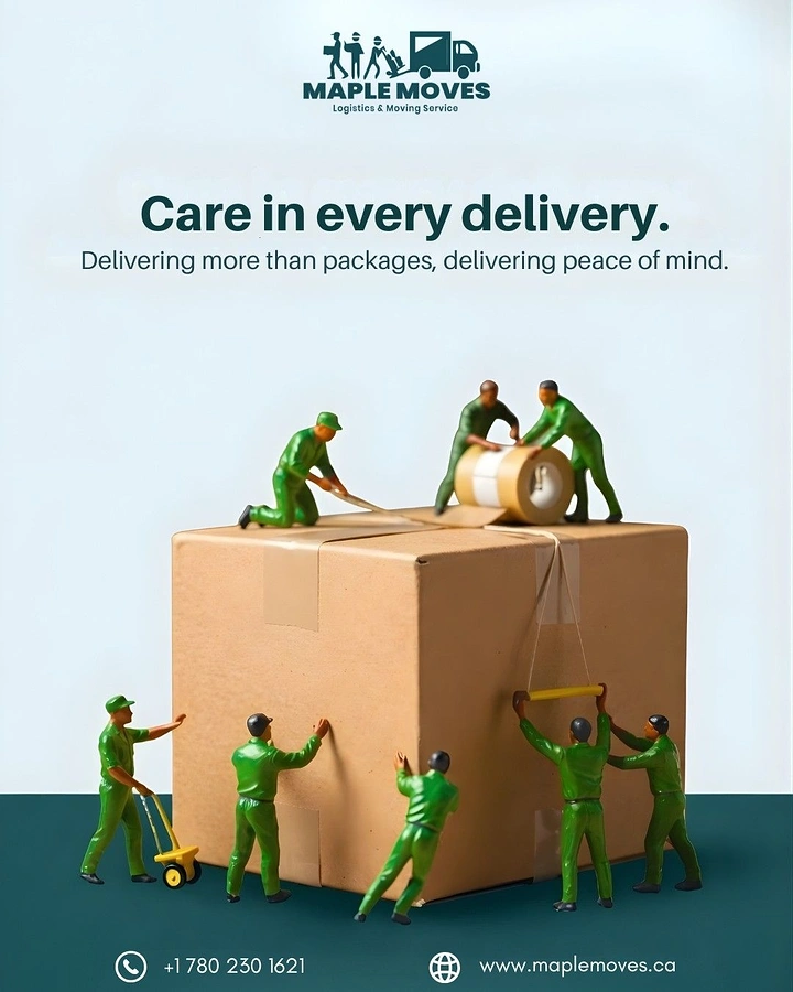 Movers & Packers creative ad: Miniature workers securing a giant box
