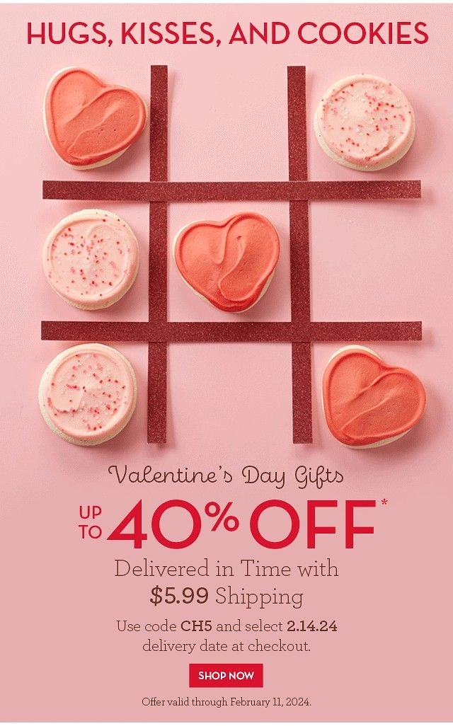 Valentine's Day creative ad: Frosted heart and round cookies on a glitter tic-tac-toe grid