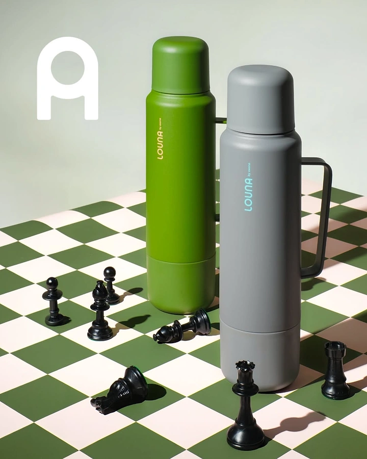 Tumblers, Flasks & Drinkware creative ad: Chessboard turns bottles into game pieces