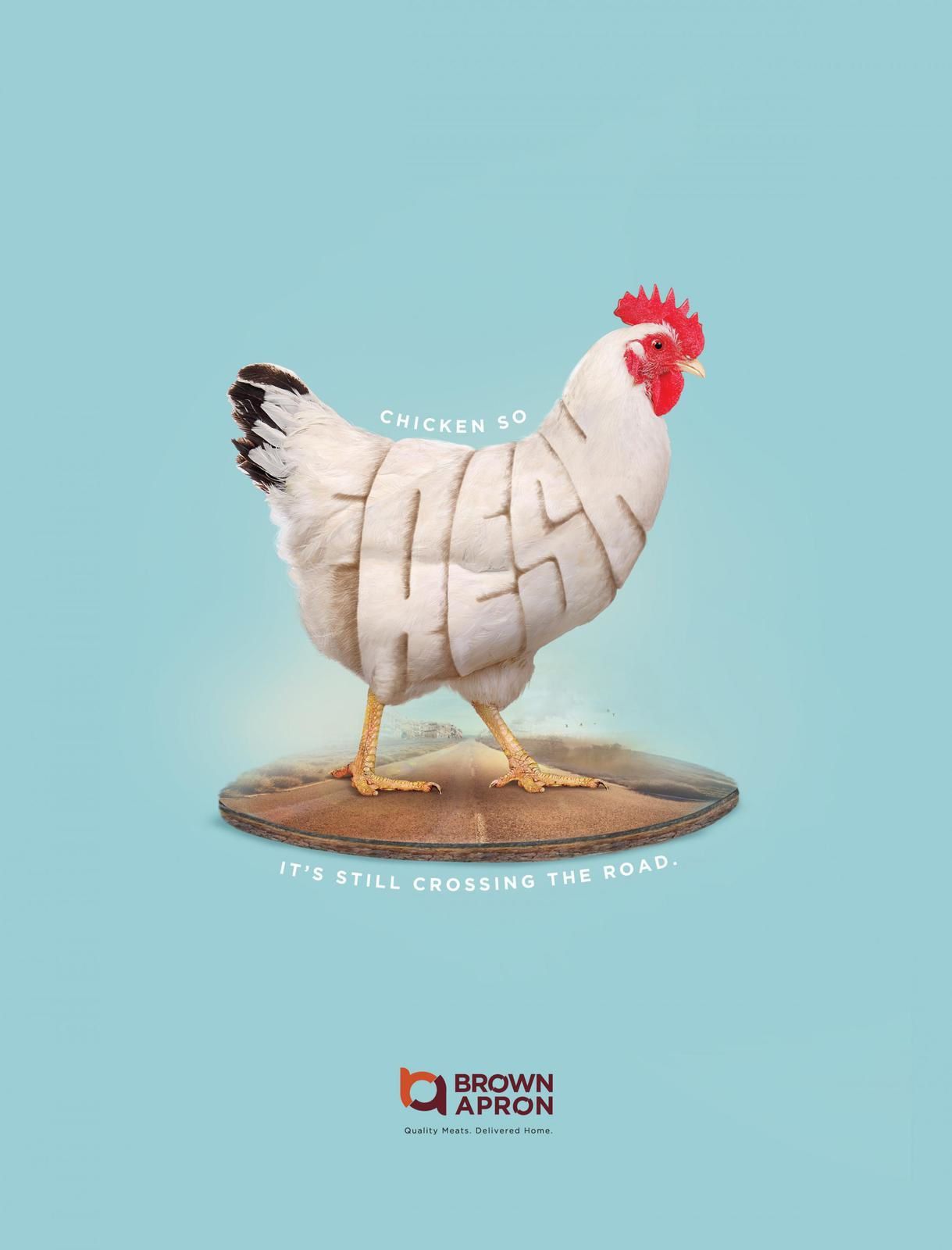 Poster: White hen with 'fresh' sculpted into its feathers standing on a road disc