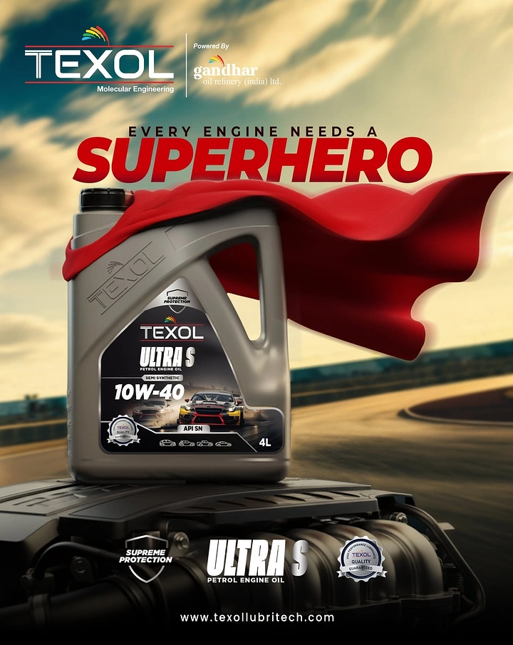 Engine Oil & Lubricants creative ad: Oil bottle becomes an engine superhero