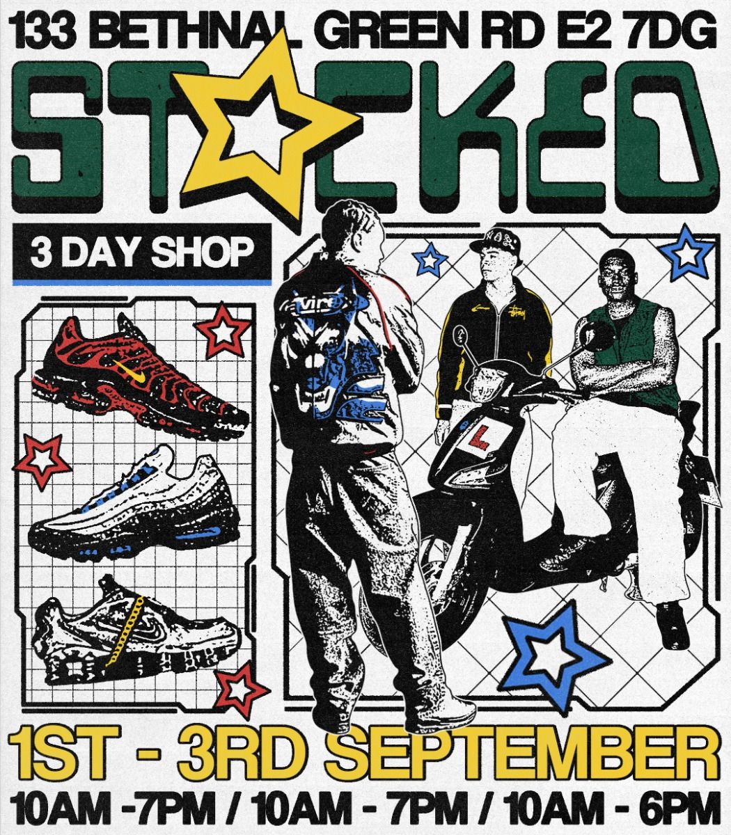 Poster: Halftone cutouts of streetwear guys and a scooter beside a panel of three sneakers