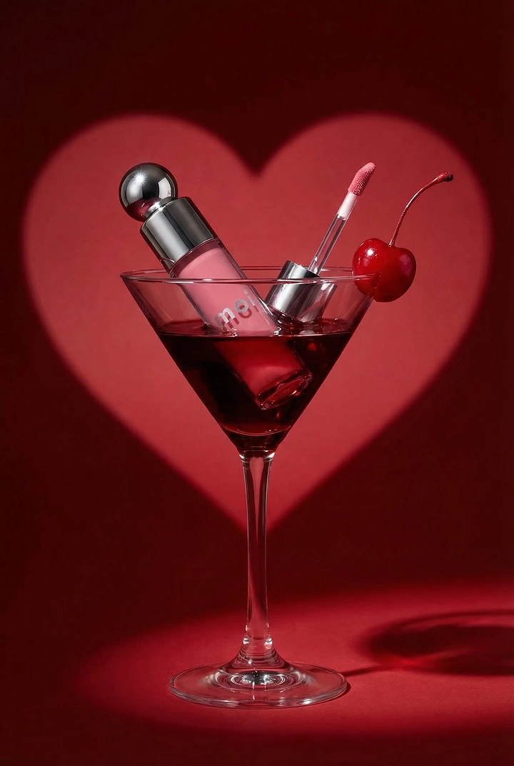 Valentine's Day creative ad: Lip gloss tube in a martini glass with a cherry
