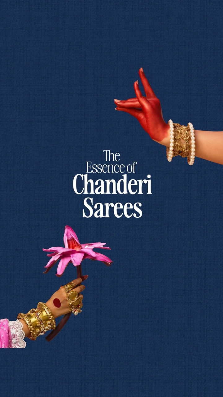 Ethnic Wear & Sarees creative ad: Painted hands offer flower, bold negative space