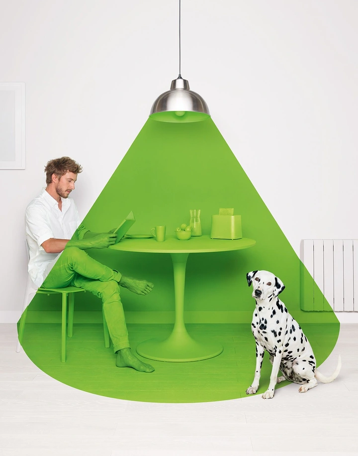 Lighting Stores & Lamps creative ad: Green lamp shade becomes an entire room