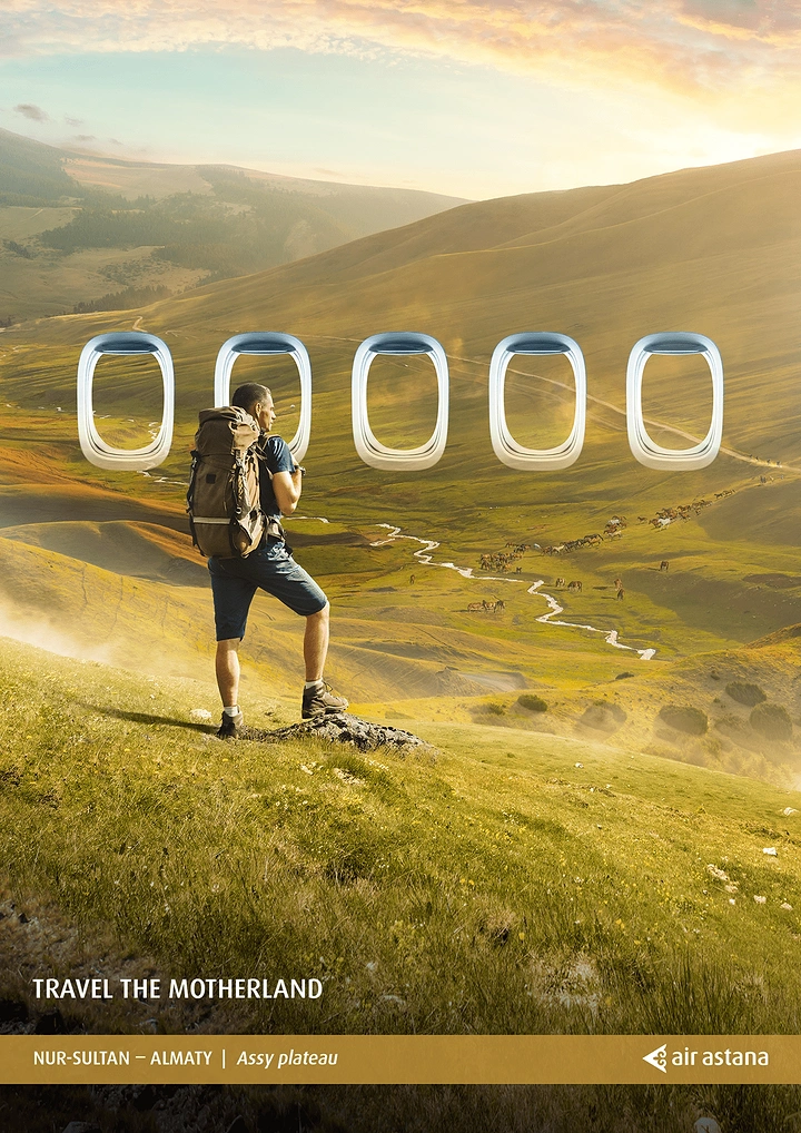 Travel creative ad: Hiker overlooking a golden valley framed by floating aircraft windows