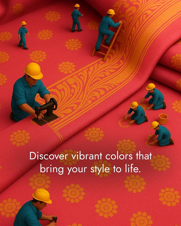 Ethnic Wear & Sarees creative ad: Miniature workers crafting giant saree fabric