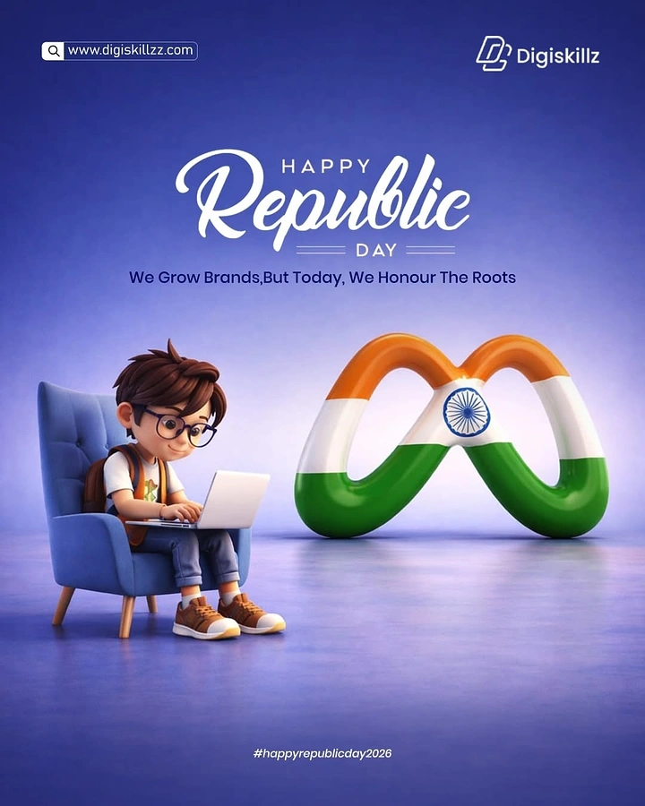 Republic Day creative ad: 3D cartoon boy on laptop beside tricolour infinity-loop logo