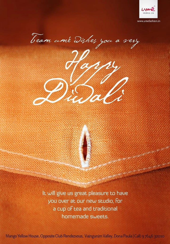 Diwali creative ad: Macro of an orange linen pocket flap with a flame-shaped buttonhole