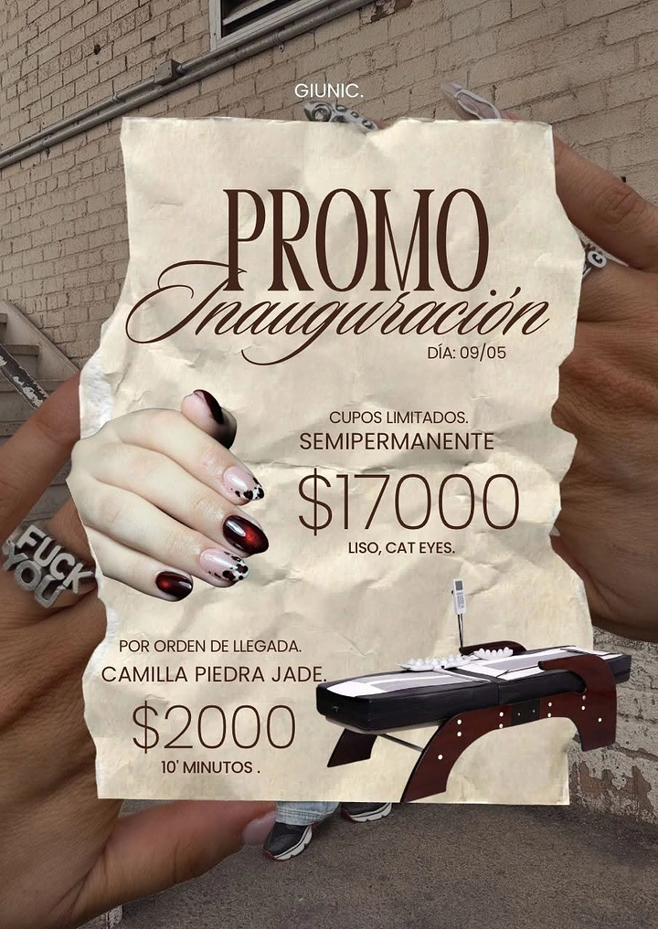 Nail Salons creative ad: Promo printed on crumpled paper, held by manicured hands