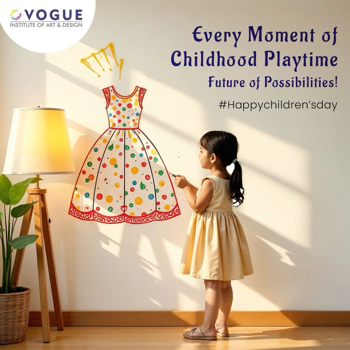Young girl drawing a colourful gown on a sunlit wall