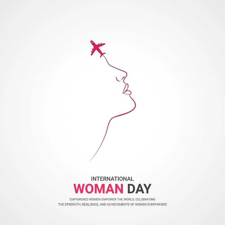 Women's Day creative ad: Continuous-line woman's profile ending in a flying airplane