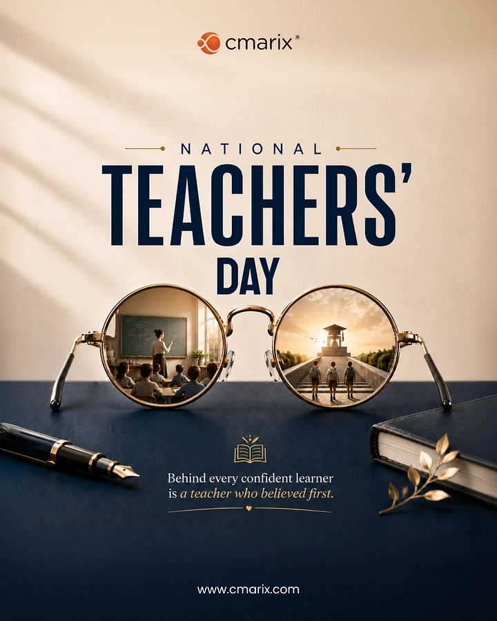 Teachers Day creative ad: Round gold-rimmed spectacles whose lenses show a classroom and students walking toward a sunlit monument