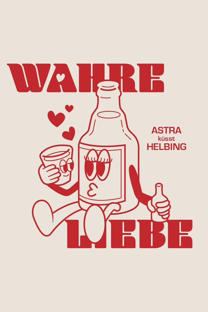 Valentine's Day creative ad: Rubber-hose cartoon beer bottle kissing a small glass