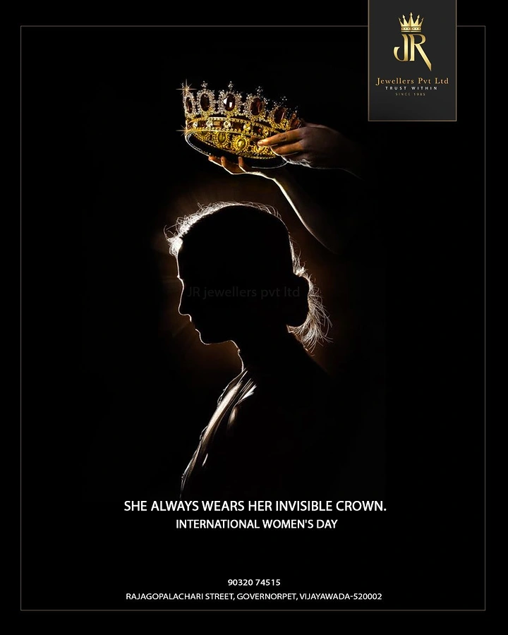 Women's Day creative ad: Backlit woman's silhouette with a hand lowering a jeweled crown above her