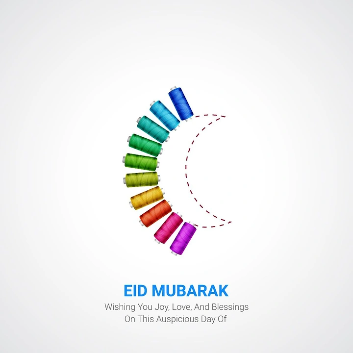 Eid creative ad: Crescent moon formed from rainbow thread spools and a dashed stitch line