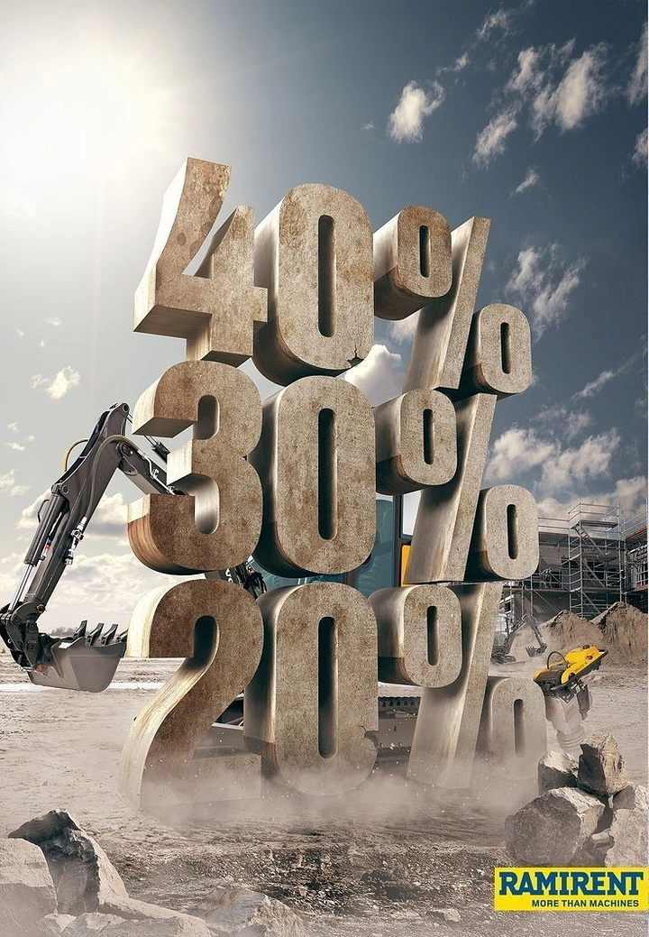 Car Rental creative ad: Giant stone percentage numerals stacked on a construction site