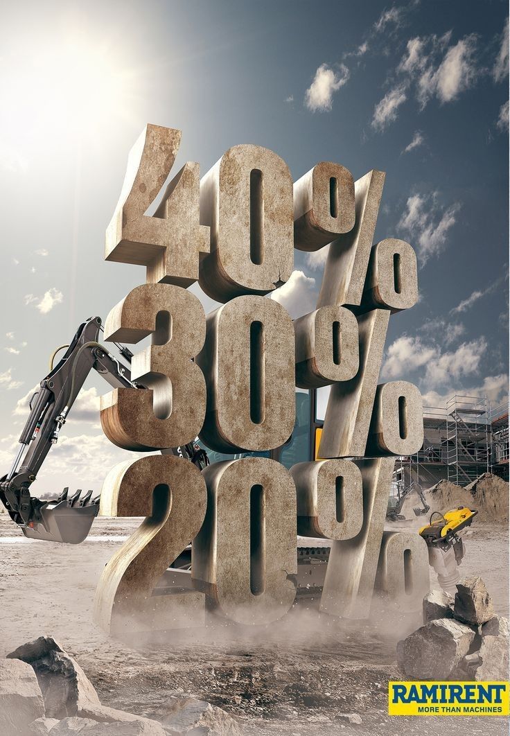 Poster: Giant stone percentage numerals stacked on a construction site