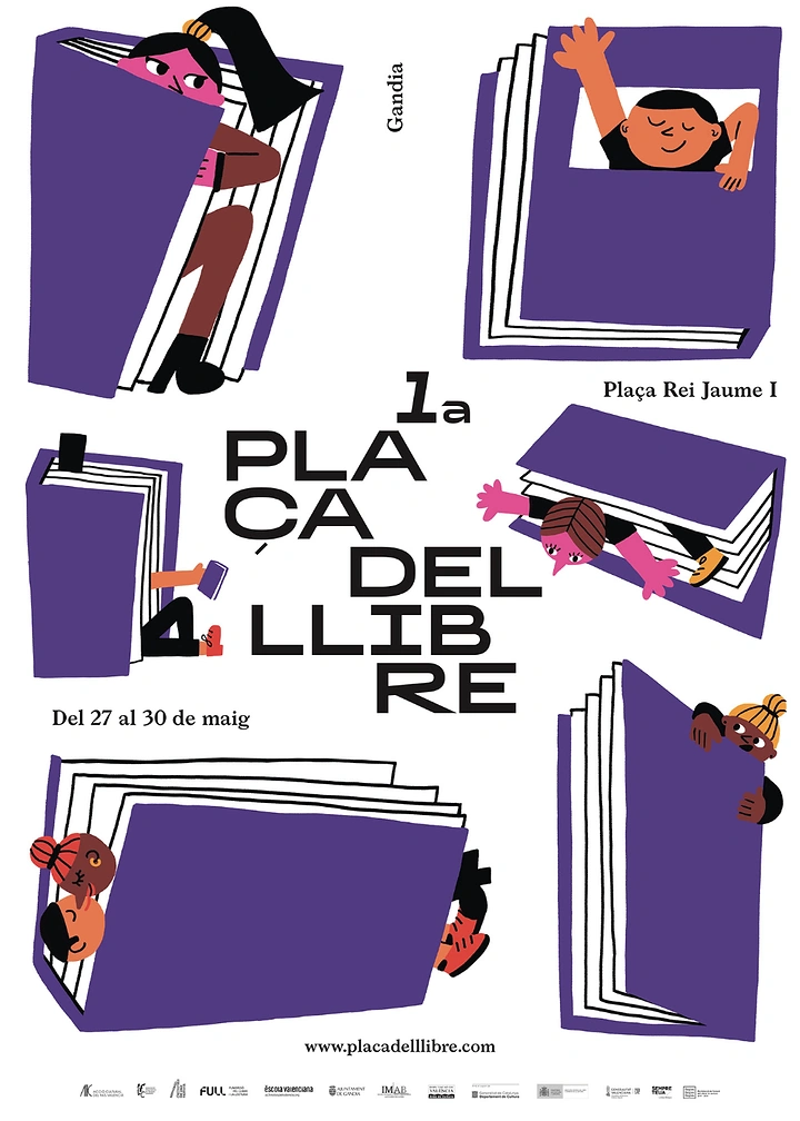 Education creative ad: Cartoon children hiding inside and climbing through giant purple books