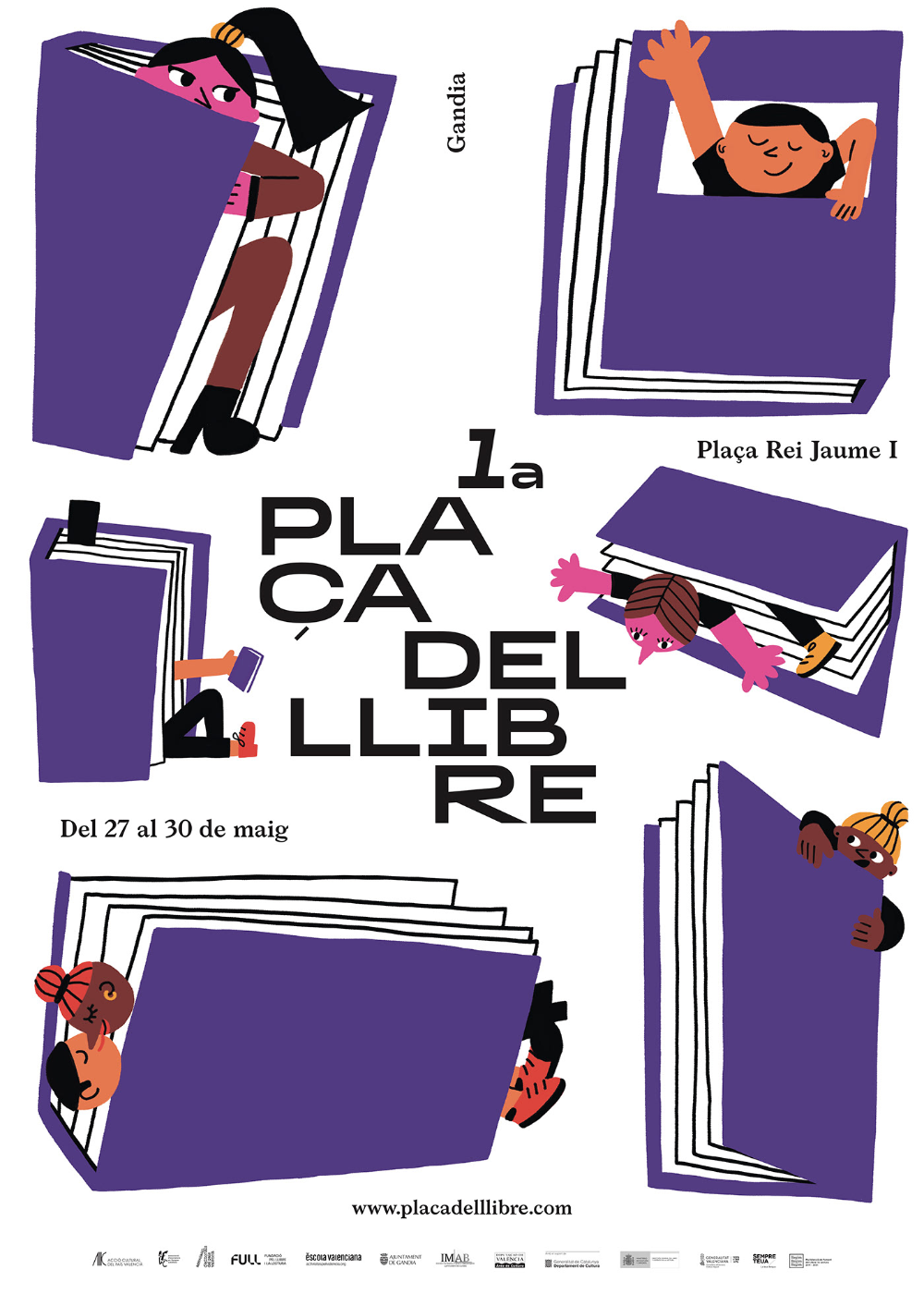 Poster: Cartoon children hiding inside and climbing through giant purple books