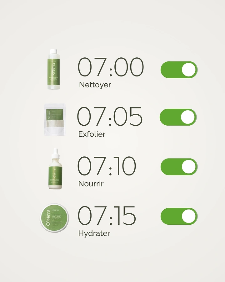 Organic & Farm Produce creative ad: Skincare routine styled as a phone alarm list