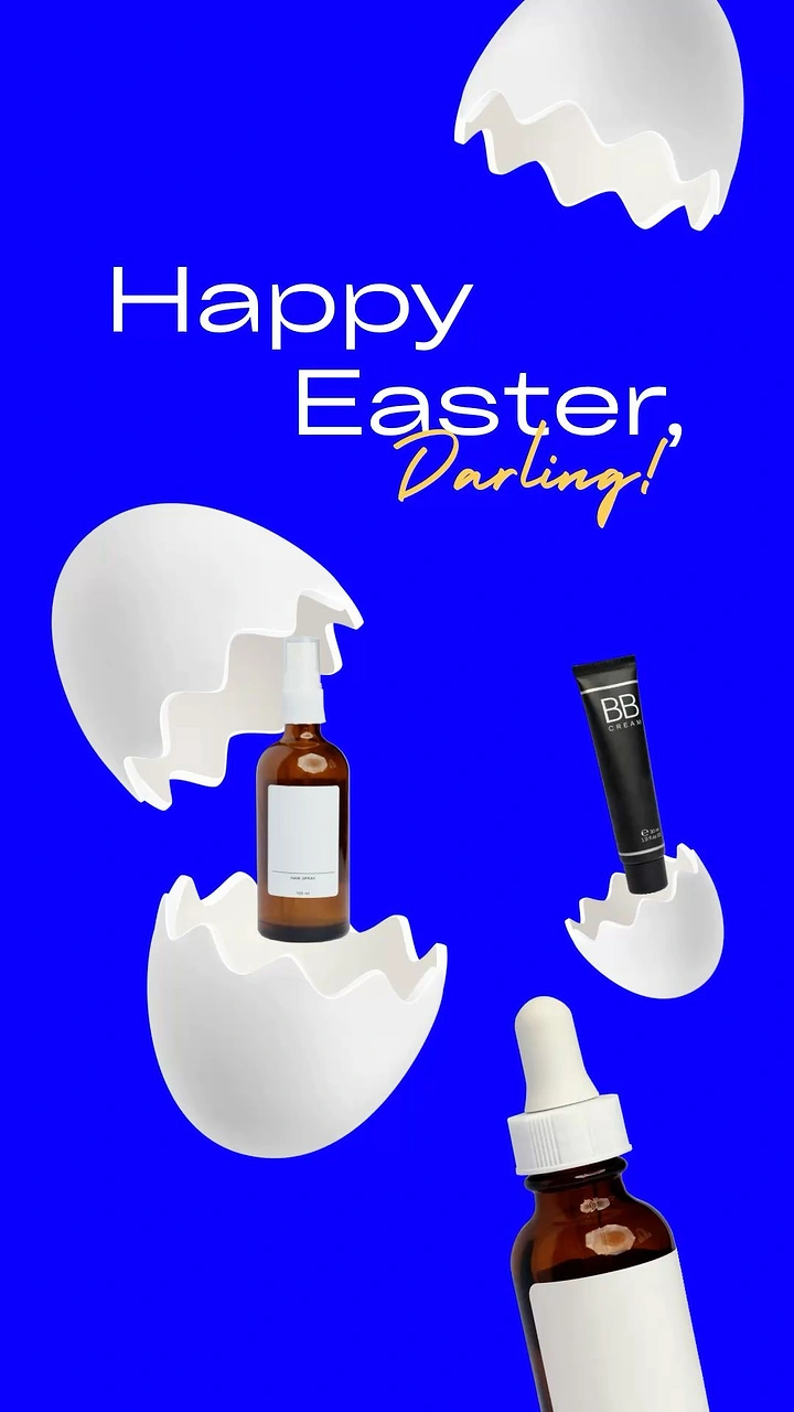 Easter creative ad: Skincare bottles bursting out of floating cracked white eggshells
