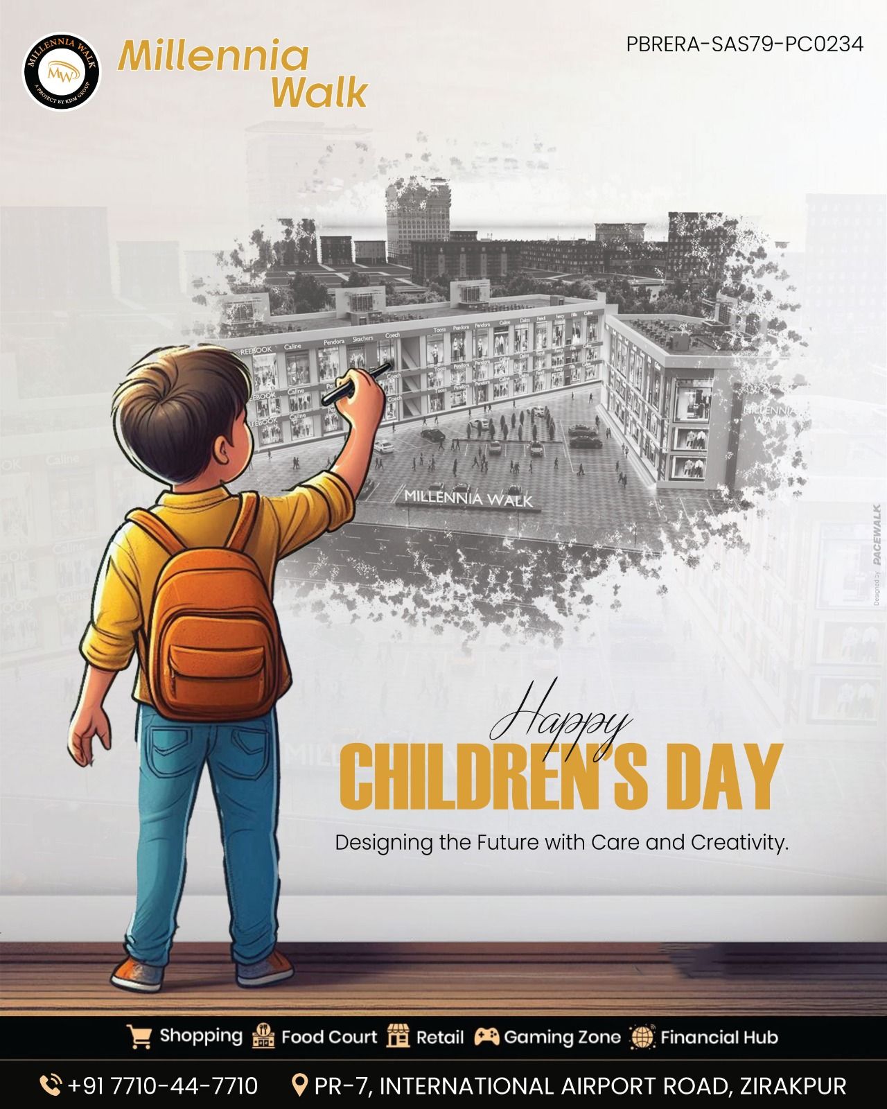 Illustrated boy sketching a commercial complex on a wall