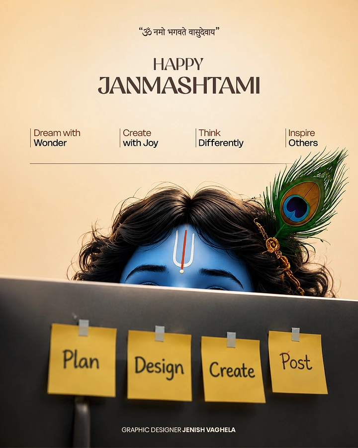 Janmashtami creative ad: Blue child Krishna peeking over a laptop screen covered in sticky notes