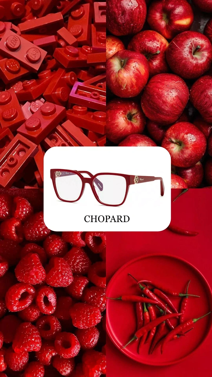 Opticians & Eye Care creative ad: Red frames amid red fruit colour story