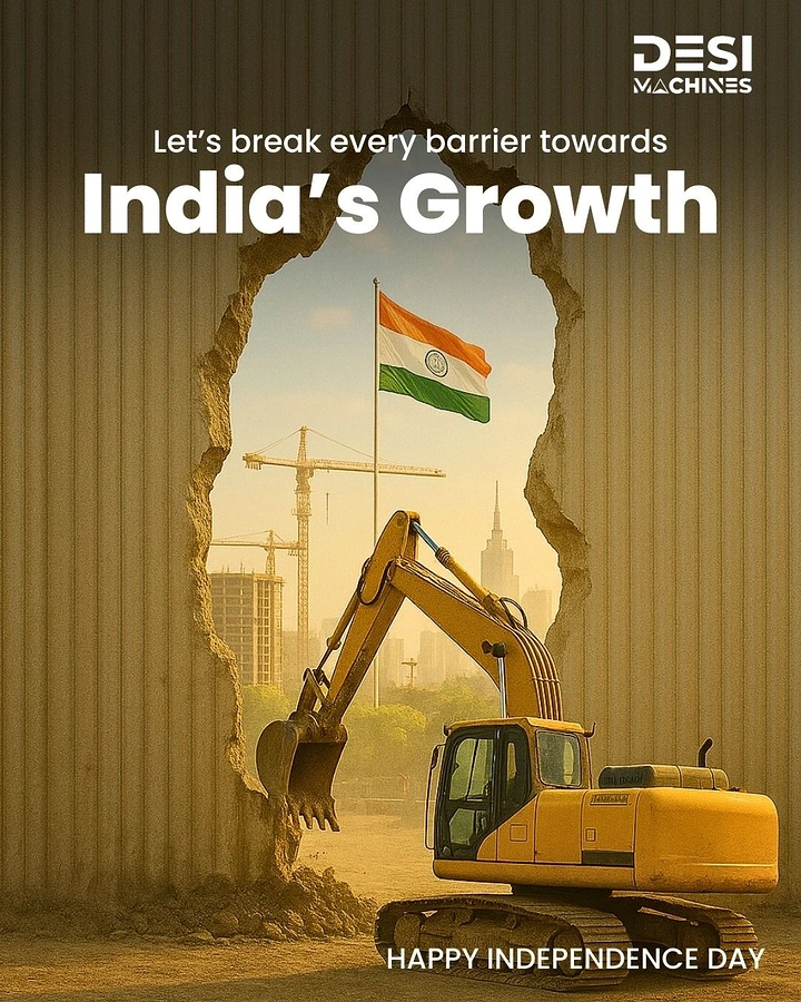 Independence Day creative ad: Yellow excavator breaking through a corrugated wall to reveal a flag and a growing city