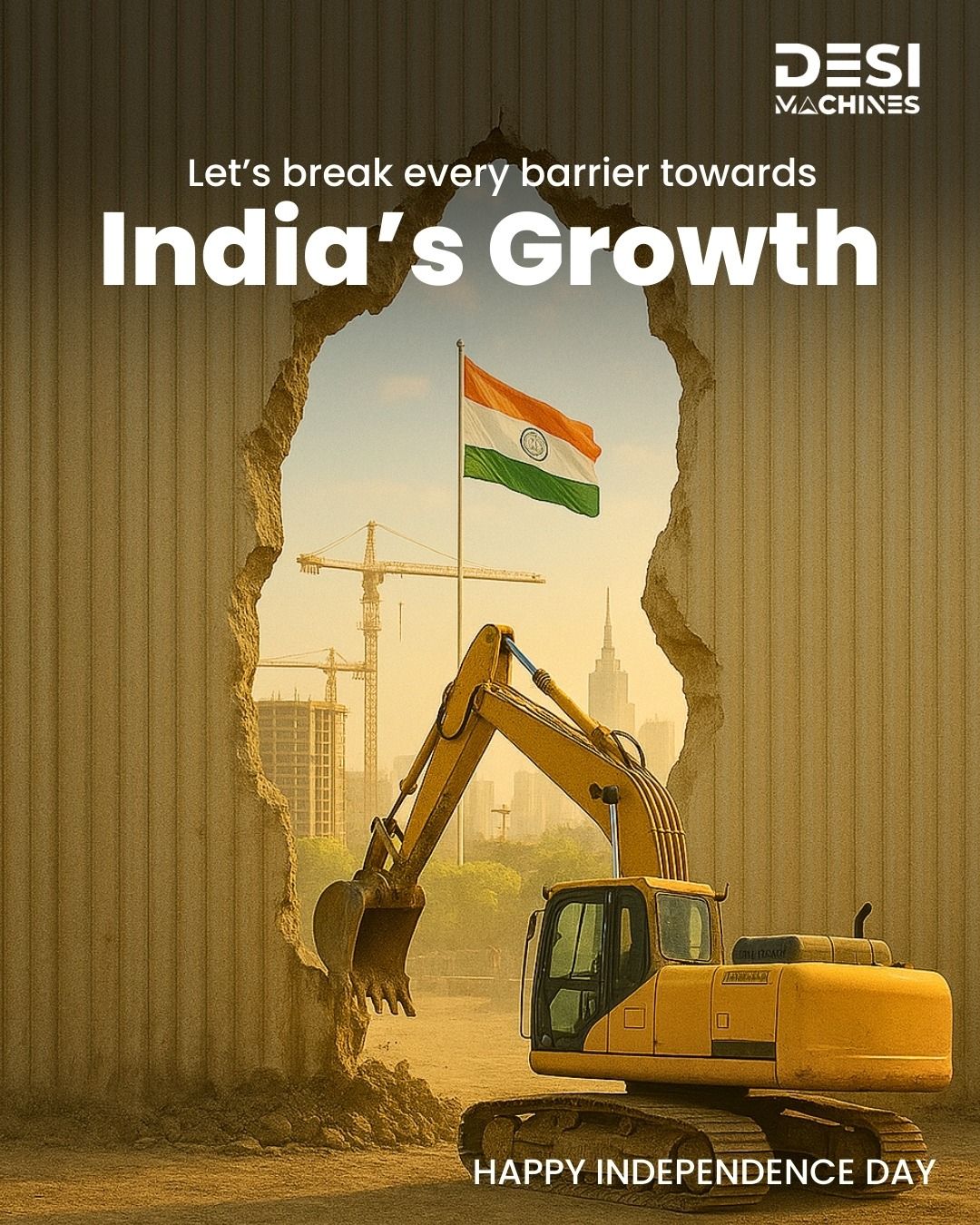 Yellow excavator breaking through a corrugated wall to reveal a flag and a growing city