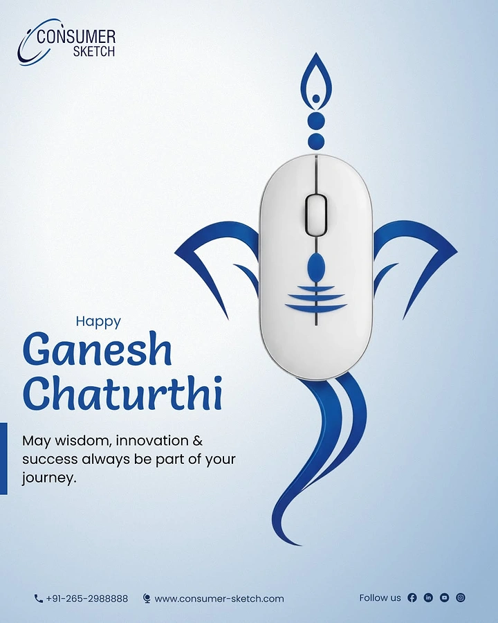 Ganesh Chaturthi creative ad: White computer mouse forming Ganesha's face with blue brush strokes