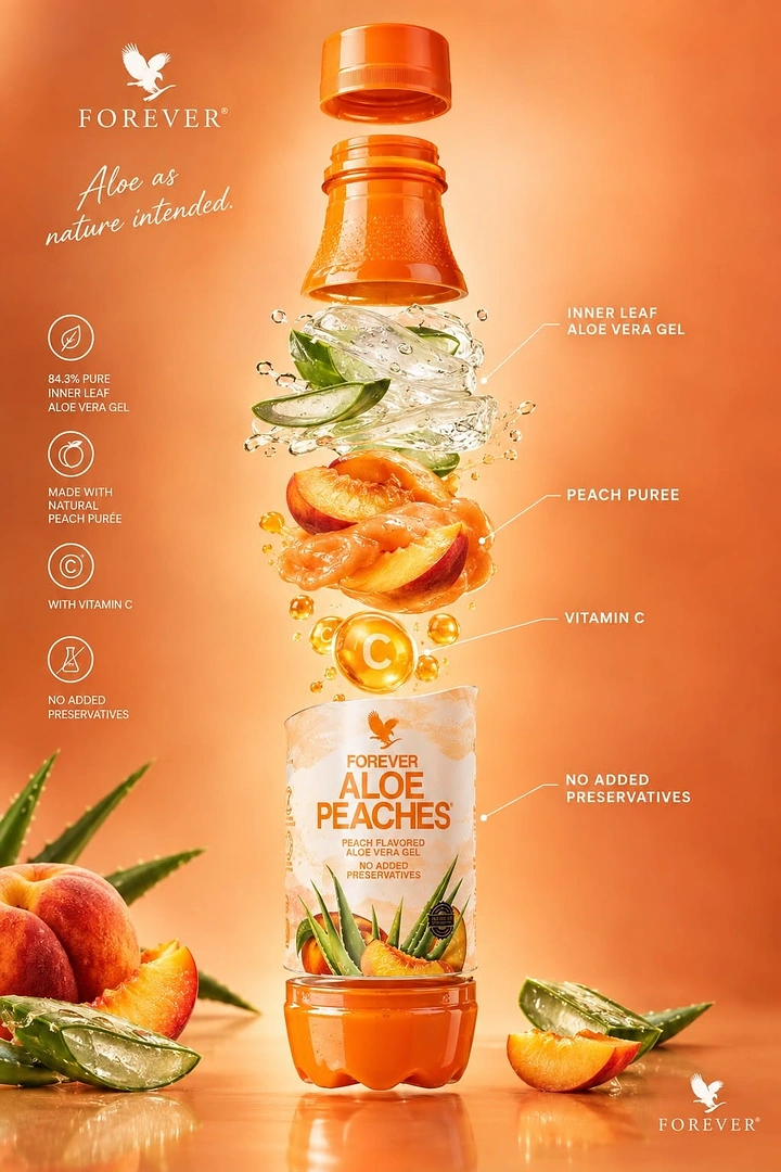 Creative ad: Exploded drink bottle layered with aloe gel, peach puree and vitamin C