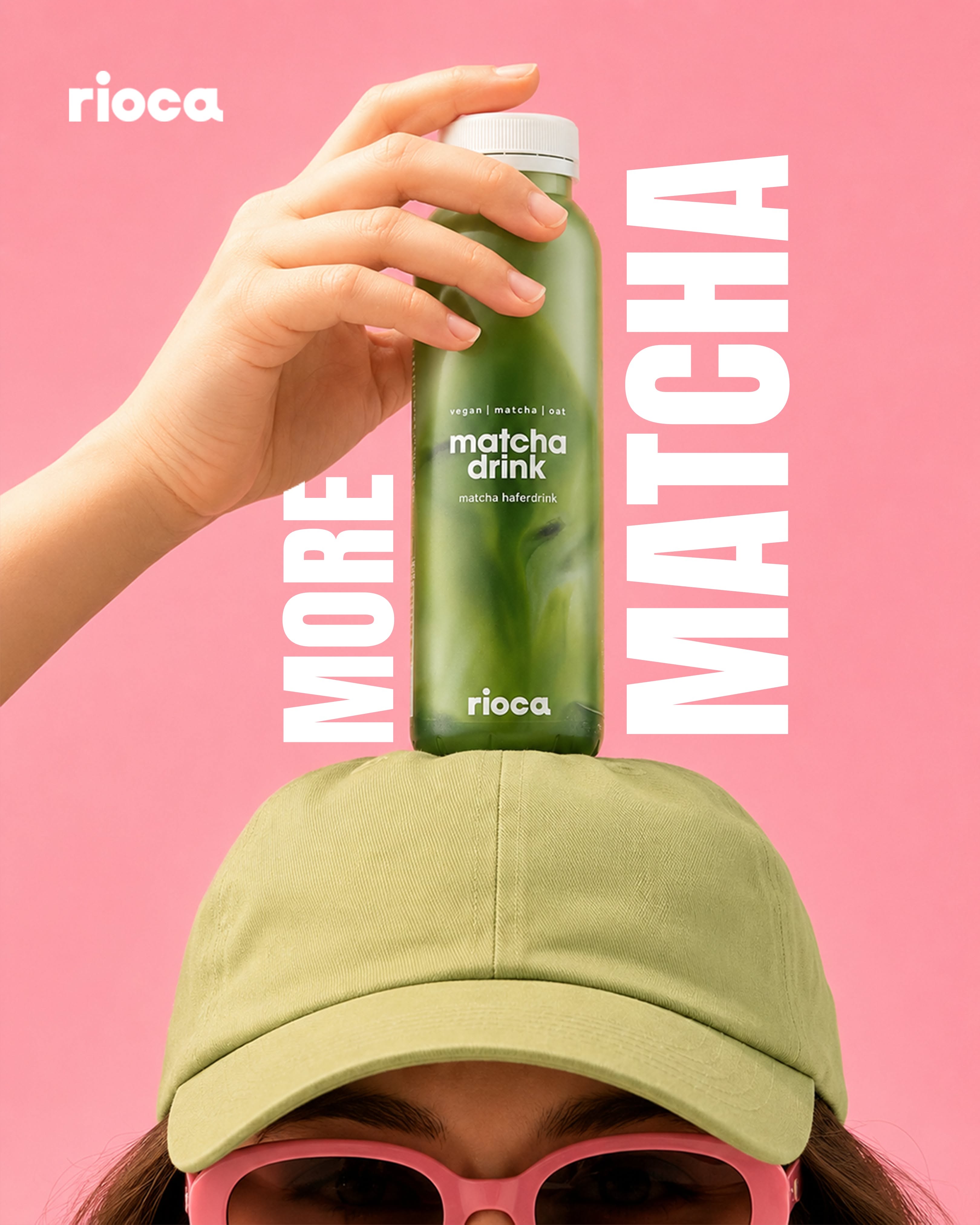 Carousel: Strawberry cross-section as a record on a pink turntable beside a strawberry matcha bottle, slide 2