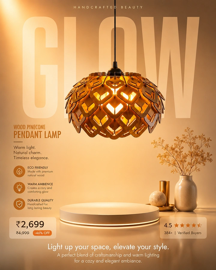 Lighting Stores & Lamps creative ad: Pendant lamp integrated into oversized GLOW type