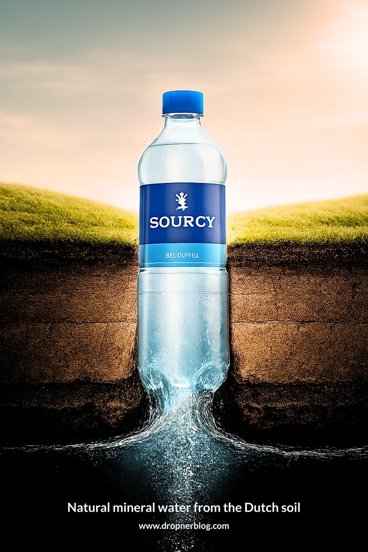 Packaged Drinking Water creative ad: Bottle emerges from split mineral earth