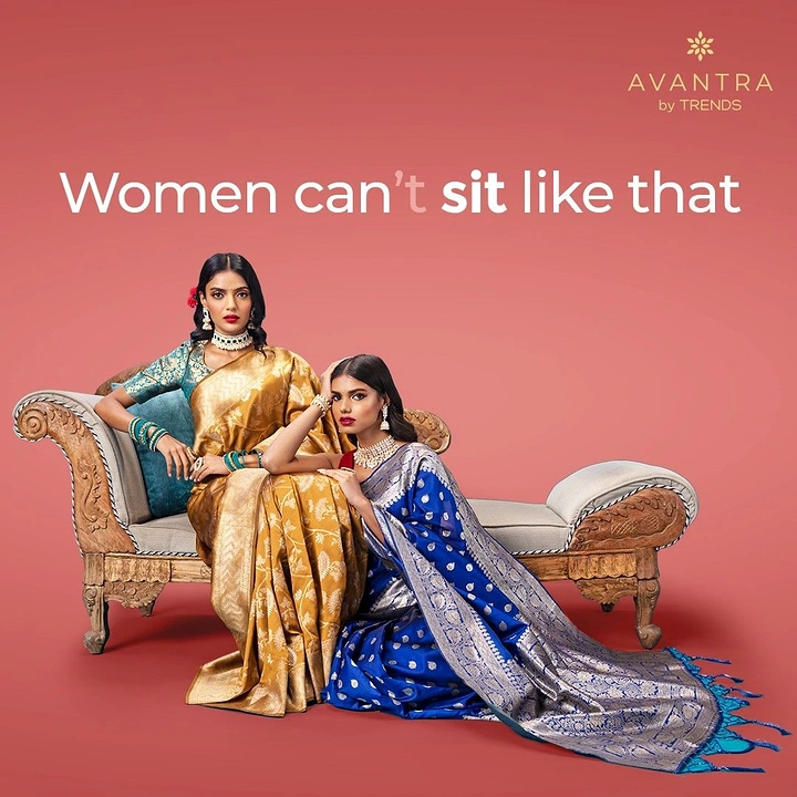 Ethnic Wear & Sarees creative ad: Witty sitting-posture copy, regal chaise shoot