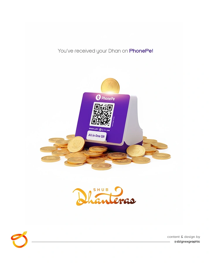Dhanteras creative ad: QR payment stand on a pile of gold coins