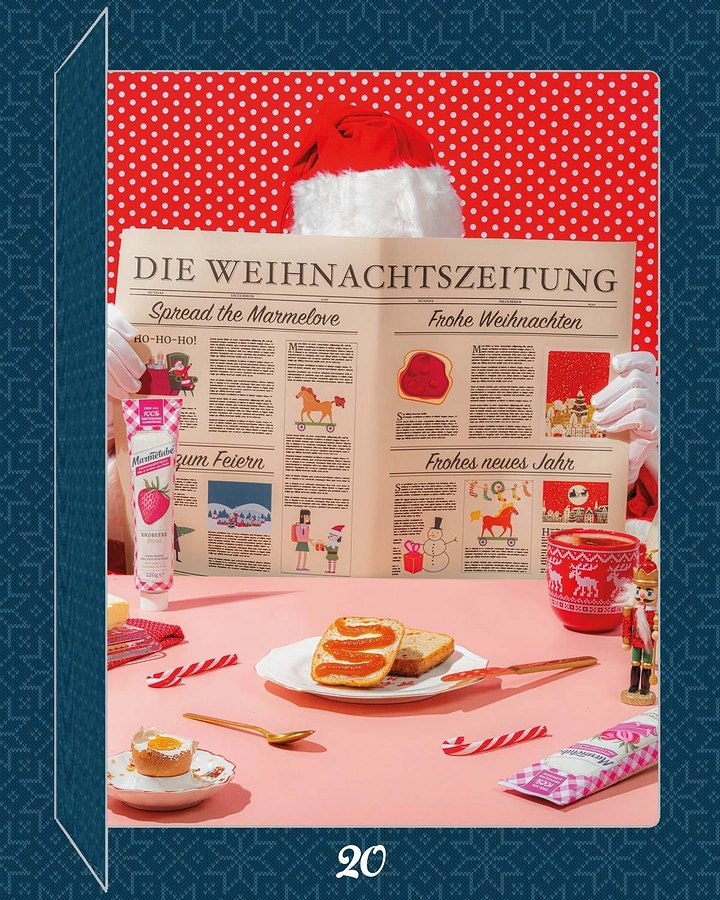 Christmas creative ad: Santa hidden behind newspaper at jam breakfast table