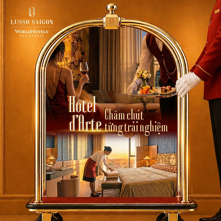 Creative ad: Gilded hotel luggage cart framing luxury service scenes