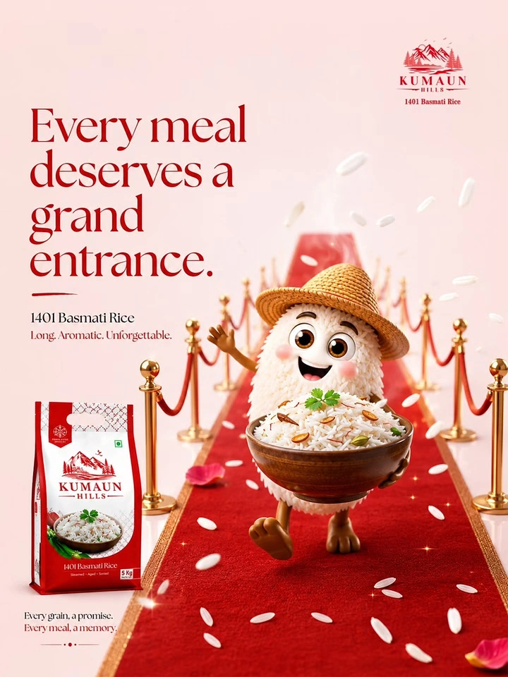 Rice, Atta & Flour Brands creative ad: 3D rice-grain mascot in a straw hat carrying a bowl down a red carpet