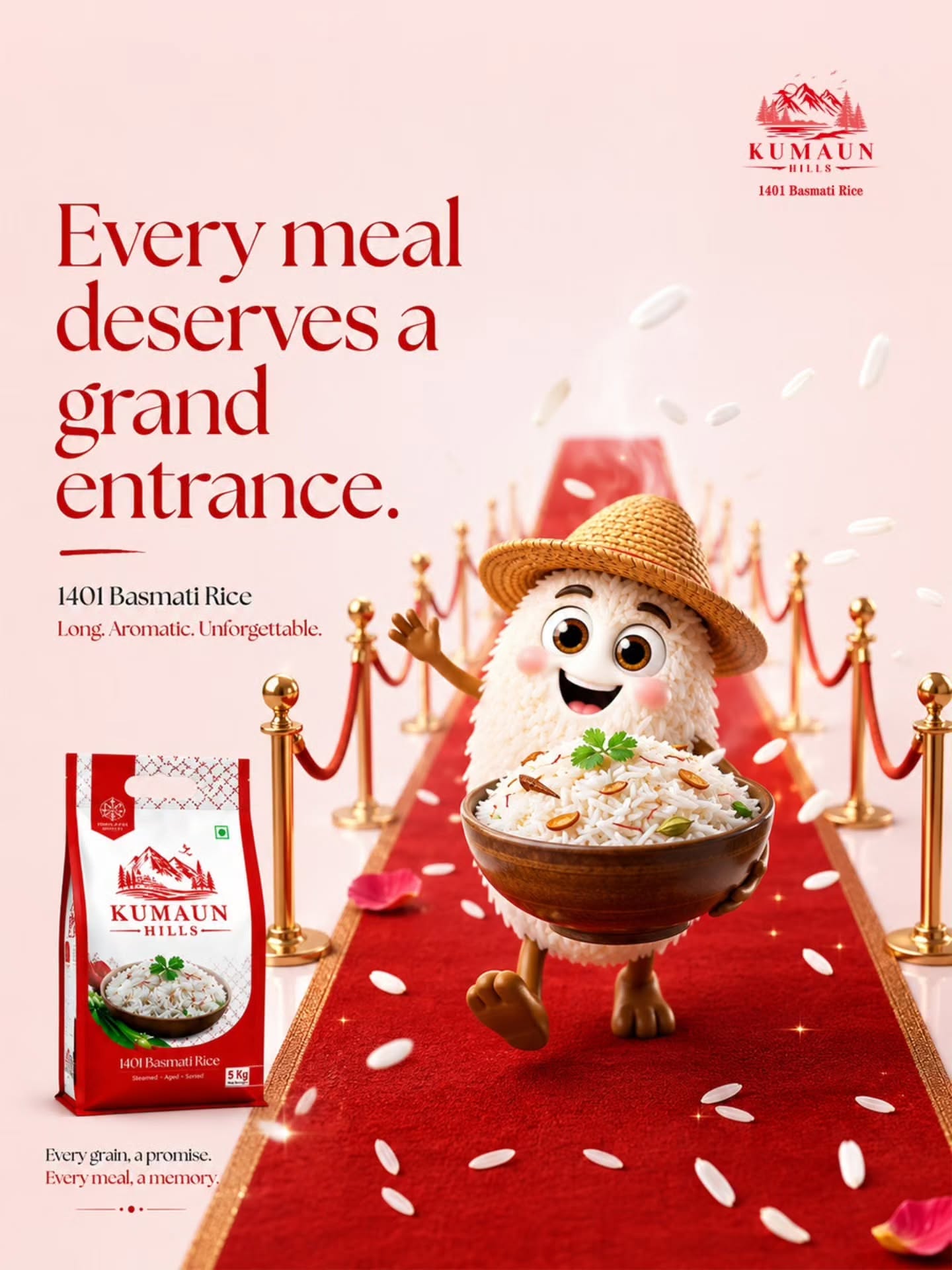 Poster: 3D rice-grain mascot in a straw hat carrying a bowl down a red carpet