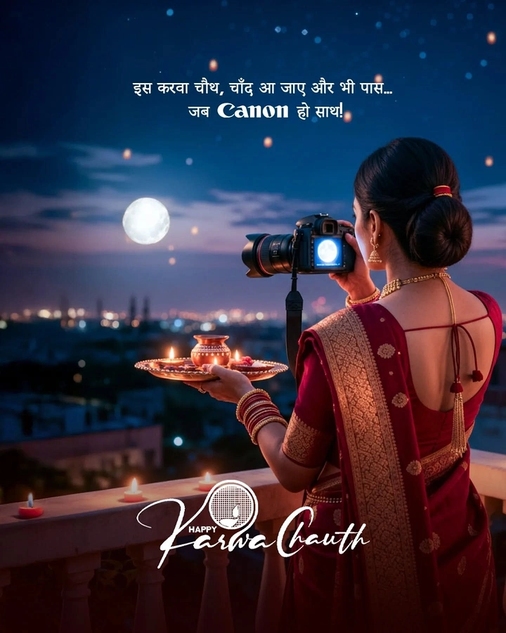 Karwa Chauth creative ad: Woman in red saree photographing the moon with a DSLR while holding a puja thali