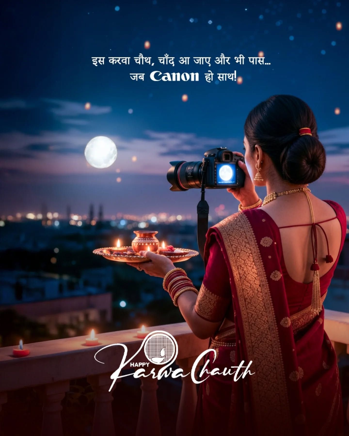 Woman in red saree photographing the moon with a DSLR while holding a puja thali