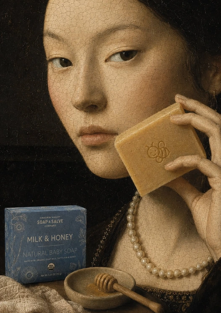 Soap & Bath Products creative ad: Renaissance-style portrait of a woman holding a soap bar to her cheek