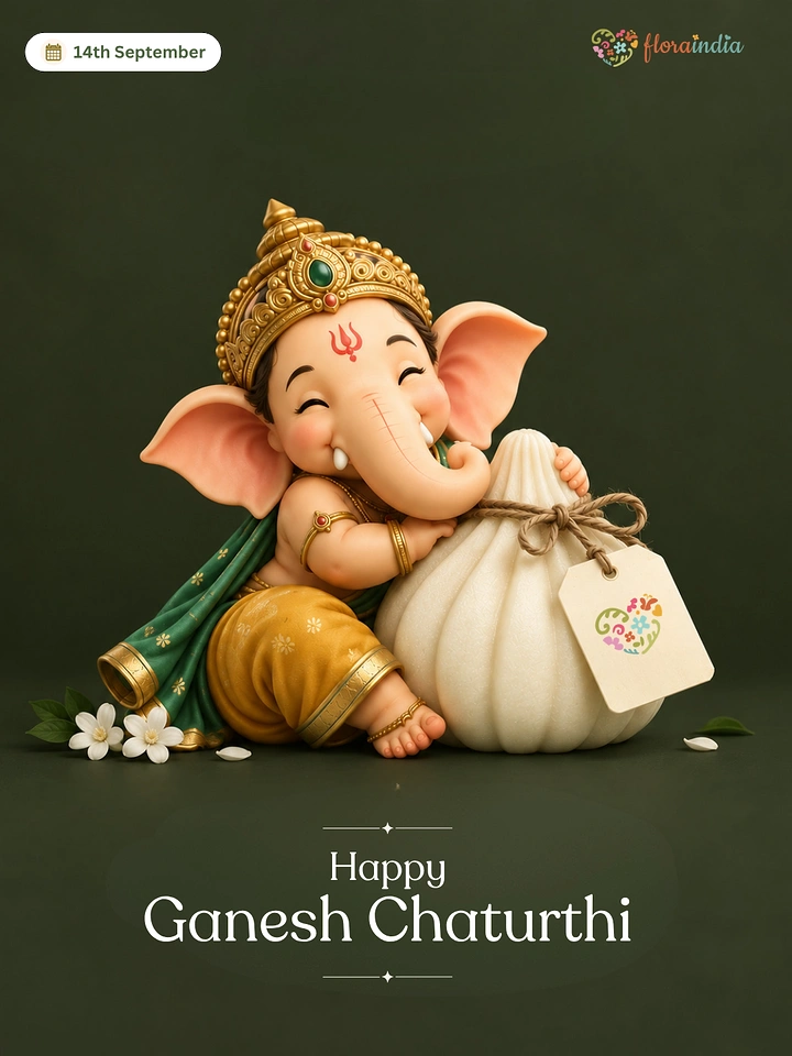 Ganesh Chaturthi creative ad: Cute 3D baby Ganesha hugging a giant modak with a branded tag