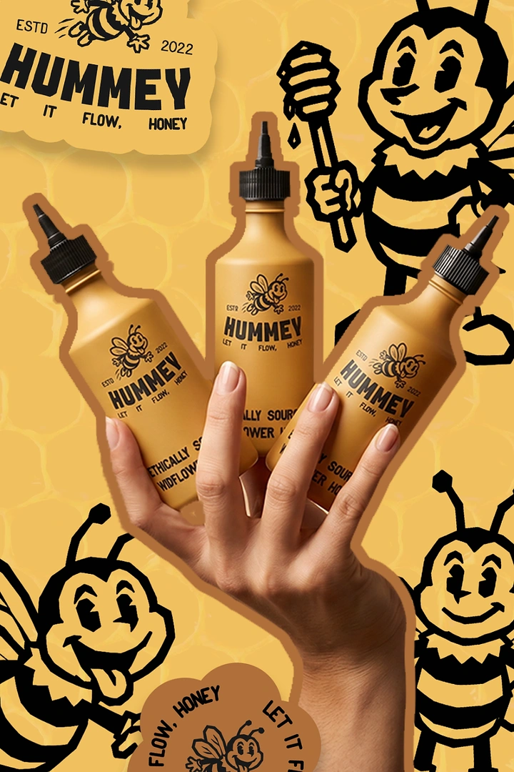 Honey Brands creative ad: Hand fanning three honey squeeze bottles among retro cartoon bees