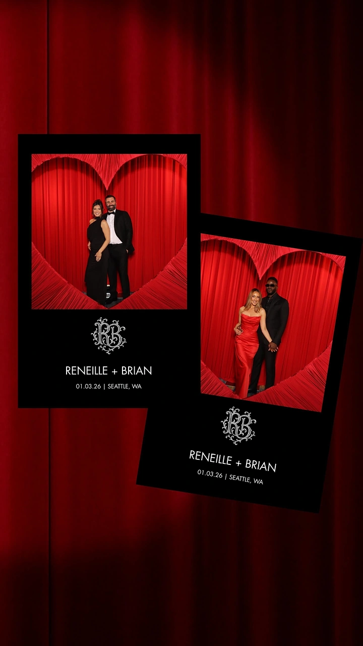 Photo Booth Rentals creative ad: Theatrical curtain frames engagement portraits
