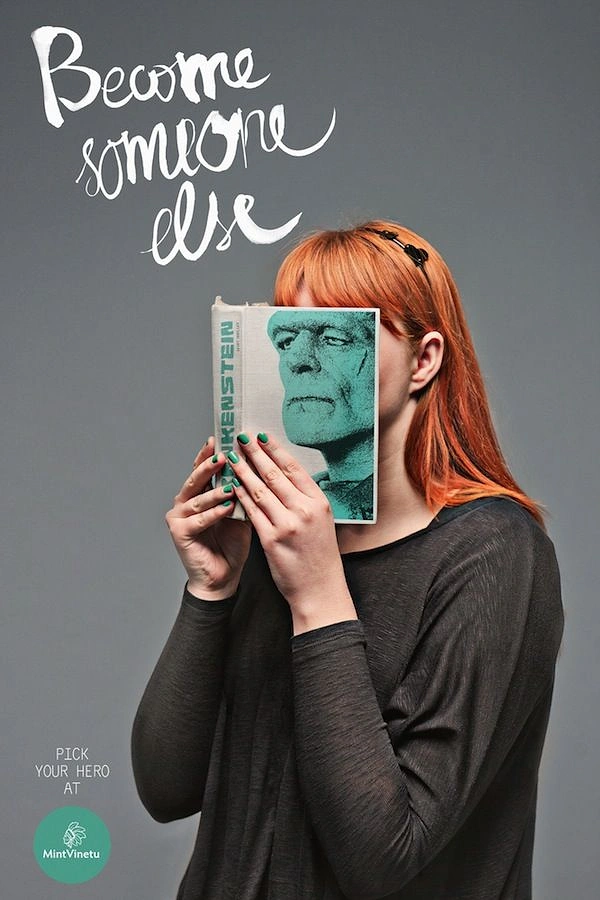Bookstores creative ad: Frankenstein book cover replaces face: become someone