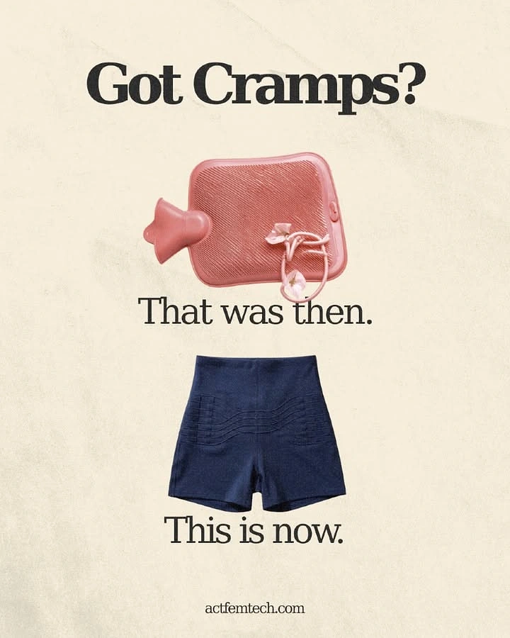 Period Care & Feminine Hygiene creative ad: Cramps solution contrasted across eras